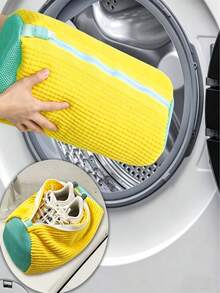1pc Universal Large Capacity Anti-Deformation Protective EVA Padded Mesh Shoe Washing Bag, Aesthetic Minimalist Yellow Cylindrical Hidden Zipper Machine Washable Sneaker Laundry Protector Net For Spring Cleaning Back To School Renter Friendly - View 9