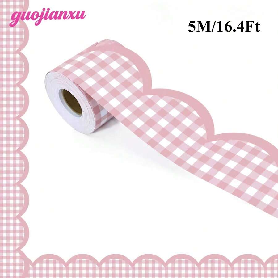 1 Gulungan 5m/16.4ft Pita Pinggir Papan Buletin Kotak-kotak Merah Muda, Pita Dekoratif Perekat untuk Papan Tulis Kelas, Sekolah, Rumah dan Dekorasi Dinding Kantor - stiker - View 1