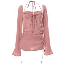 Vestido Mini Casual de Moda para Mujer, Manga Larga, Color Sólido, Cuello Cuadrado, Vestido Halter con Aberturas y Lazos para Primavera - A - Ver 4