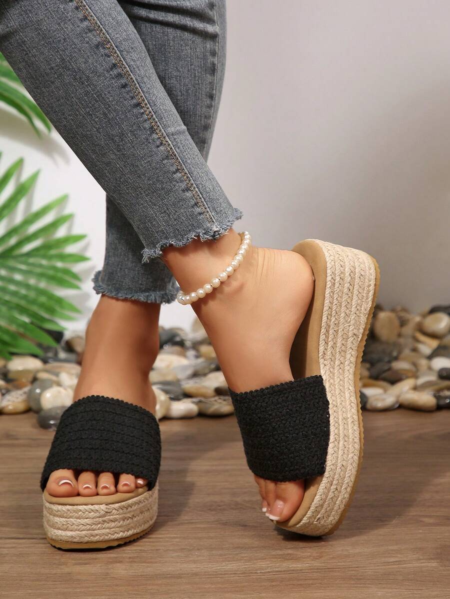 Sandal đế xuồng dệt màu đen dành cho nữ, thiết kế tối giản thoải mái, phù hợp cho kỳ nghỉ, bãi biển, ở nhà, mặc hàng ngày vào mùa hè, dép hở mũi dệt thời trang thường ngày. - màu đen - Xem 1