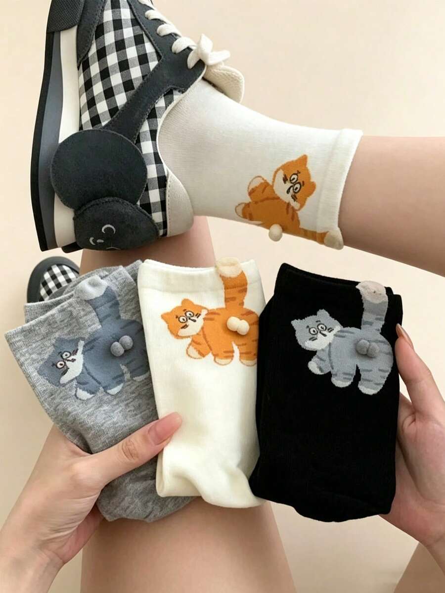 6双装女士中筒袜，春夏3D猫咪卡通趣味袜，柔软亲肤，吸湿透气，春夏不闷汗，无缝设计，缝线平滑，适合多种场合。 - 彩色 - 查看 1