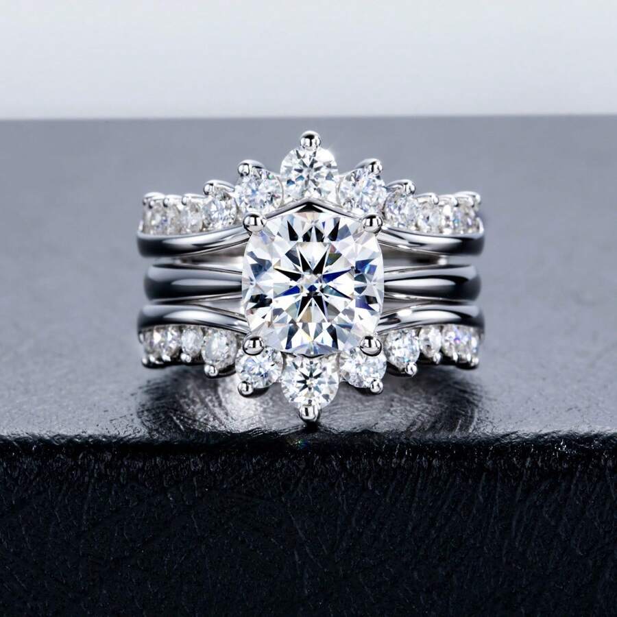 Bộ 2 chiếc nhẫn đính đá ba lớp sáng tạo mới, nhẫn cưới mạ vàng trắng, nhẫn đôi hình học, trang sức thời trang thanh lịch làm quà tặng cho ngày Valentine, đám cưới. - Bạc - Xem 1