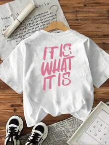 Plus Size Women "It Is What It Is" Letter Print Casual Round Neck Short Sleeve T-Shirt, Double-Sided Graphic Design, Summer Clothing - White - View 9