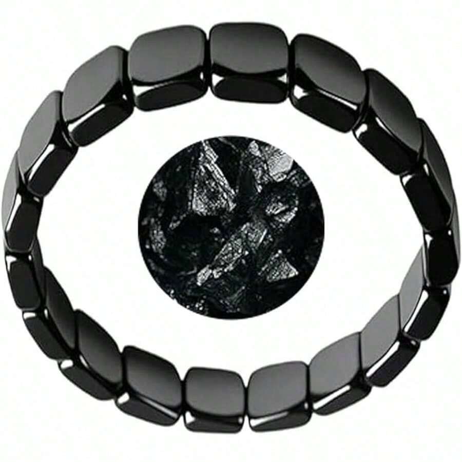 1pc Hematite Bracelet For Men Woman, Naturally Healing Stone Beaded Bracelets Adjustable Elastic Stretch Bracelets Protection Bracelet Stylish Restore Confidence Inspirational Jewelry(19/20/21pcs Beads Randomly Shipped) - màu đen - Xem 1