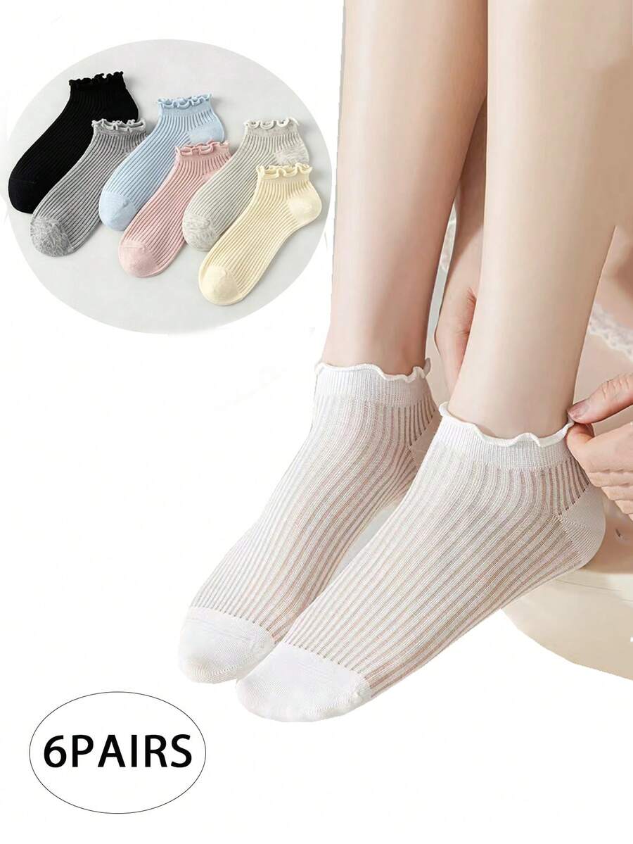 6 Pairs/12 Pairs Spring & Summer New Solid Color Minimalist Ruffle Edge Comfortable Thin Ribbed Socks, Essential For Sweet Style Outfit - Multicolor - View 1