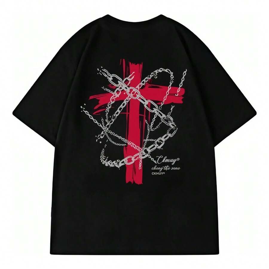 Men's Oversized Tennis Shirt With Cross Chain - 黑色 - 查看 1
