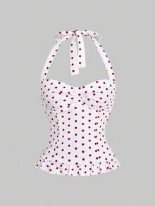 Women's Romantic Vacation Style Polka Dot & Plaid Backless Halter Neck Camisole Set - Multicolor - Ver 5