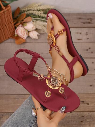 Dép xỏ ngón phong cách Boho kim loại họa tiết hoa cho bé gái, dép quai ngang co giãn có kẹp ngón chân, giày đế bằng mùa hè thường ngày.
