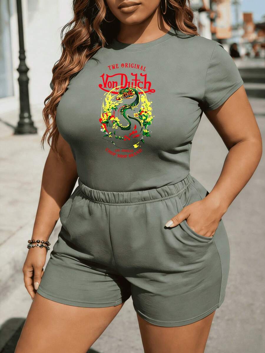 Two-Piece Set Women's Casual Outfits The Original Van Dutch Snake Floral Loose Fit Short Sleeve T-Shirt And Shorts - màu xanh lá - Xem 1