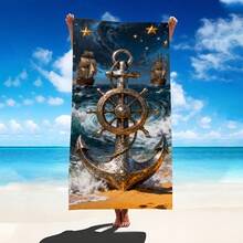 1 pièce Serviette de plage avec éléments nautiques : bateau à voile, ancre, gouvernail, vague. Serviette de plage extra-large en microfibre super douce et super absorbante. Convient pour les voyages, la piscine, la plongée, le surf, le yoga, le camping. Disponible en plusieurs tailles. Accessoires de plage - Ancre et gouvernail - Voir 2