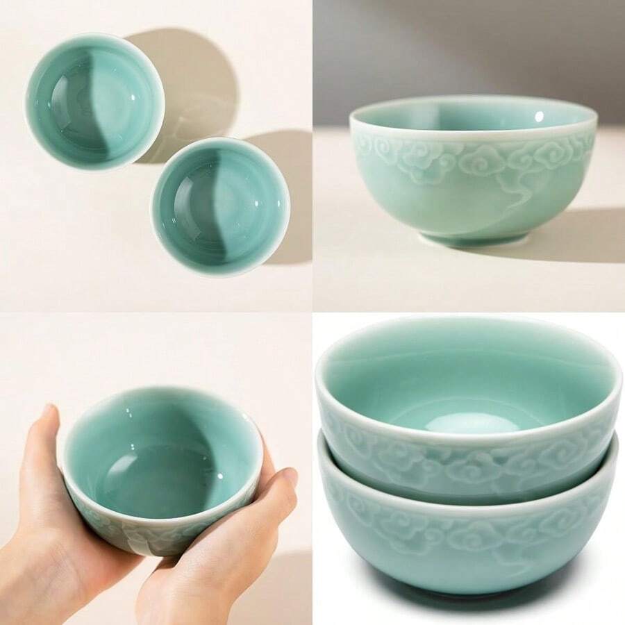 Juego de 2 Cuencos de Porcelana Verde de 45 Pulgadas Cuencos de arroz de celadón Longquan genuinos de 9 8 oz - Cian cielo - Ver 1