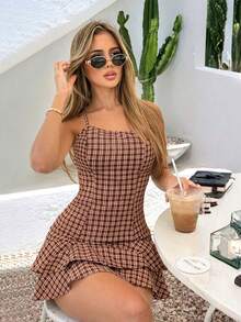 Women's Short Checkered Dress With Open Back And Crossover Detail, For June Festivals, Saint John's Day, With Ruffles, Dune Color, Sizes P To G (Sizes P To G). - 鏽棕色 - 查看 1