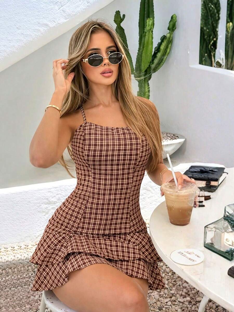 Women's Short Checkered Dress With Open Back And Crossover Detail, For June Festivals, Saint John's Day, With Ruffles, Dune Color, Sizes P To G (Sizes P To G). - 鏽棕色 - 查看 1