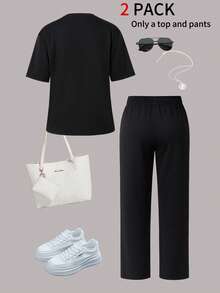 Spring/Autumn Plus Size Women's 2-Piece Set, Personalized Letter Print Crew Neck Short Sleeve T-Shirt With High Waist Drawstring Pants, Elegant Summer Style - Black - View 9