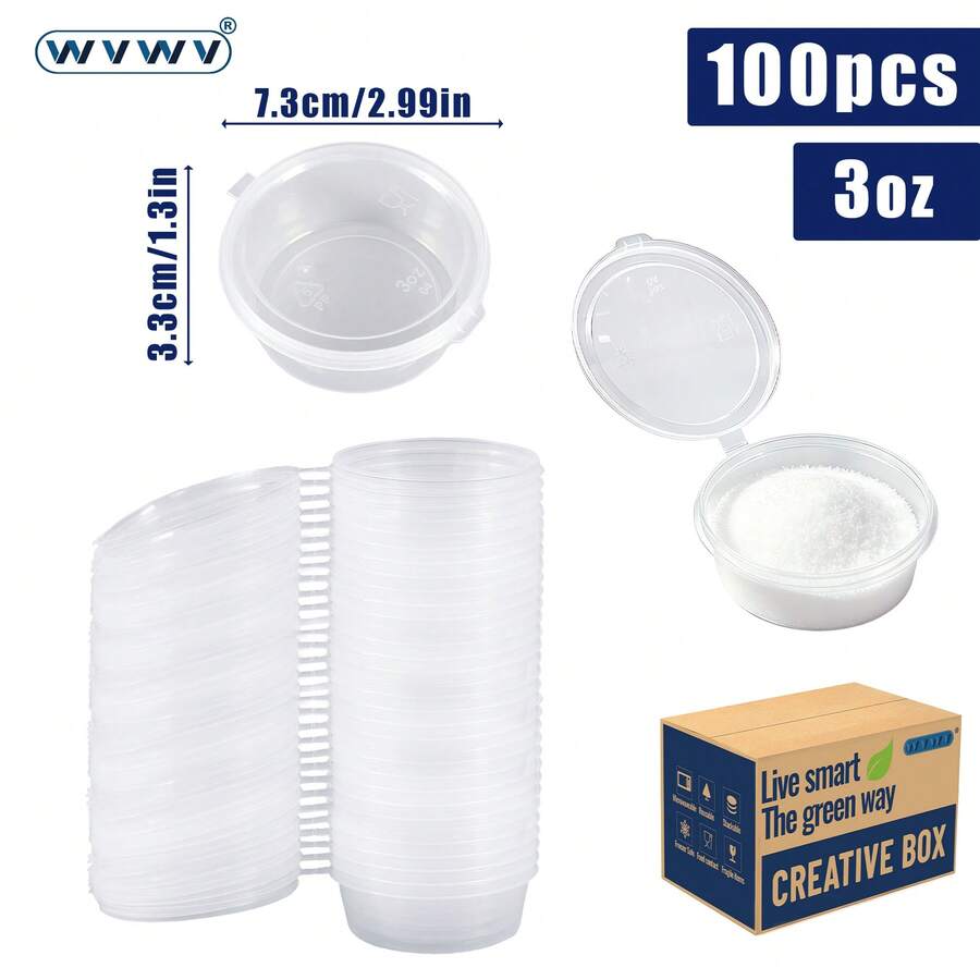 WVWV 100個防漏塑膠迷你調料盒,可重複使用,附翻蓋蓋,適用於存放番茄醬、沙拉醬、奶昔,適合戶外露營、節日派對、家庭聚會,亦可用於存放油漆、耳環、項鍊、戒指 - 3oz/100pcs - 查看 1