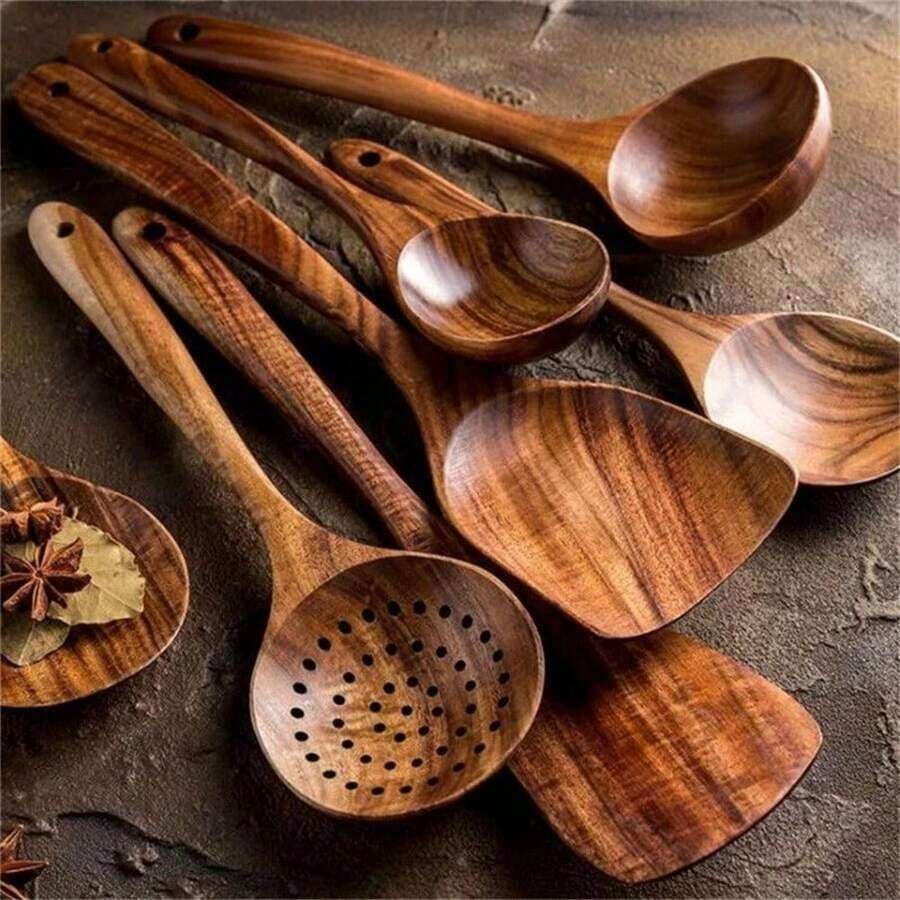 7件套优质天然黄杨木烹饪用具套装,包括锅铲、米筛、汤勺、滤网、烹饪勺和锅铲,厨房必备,圣诞礼物 - 查看 1
