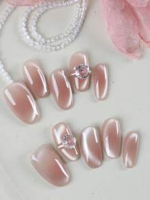 10pcs Press On Nails Nails Press On Nail Supplies Pink Powder Blusher Cat's Eye Flash Diamond Fake Nails Short Office DailyWear False Nails Artificial Nails Kit Includes 1sheet Adhesive Tabs &1 Pc Mini File - Multicolor - View 3
