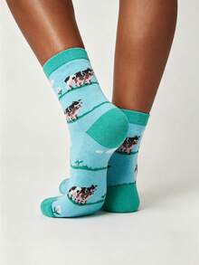 1 Pair Women's Socks, Japanese Style Black & White Cow Print Mid-Calf Socks, Personalized Striped Versatile Sports Unisex Couple Socks, Cartoon Colorful Jacquard Happy Socks - Multicolor - View 2