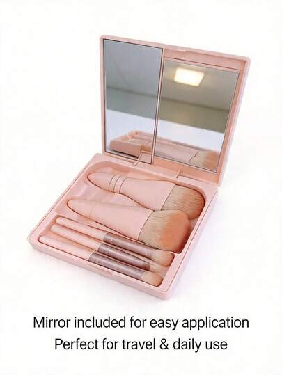 Bộ 5 cọ trang điểm và 1 hộp đựng có gương, bộ cọ trang điểm chuyên nghiệp cao cấp bằng sợi tổng hợp dành cho mặt và mắt, thích hợp để đánh phấn nền, phấn mắt, phấn má hồng và kem nền, quà tặng cho phái nữ, bộ cọ trang điểm, bộ cọ trang điểm hoàn chỉnh, bộ dụng cụ trang điểm, bộ quà tặng trang điểm