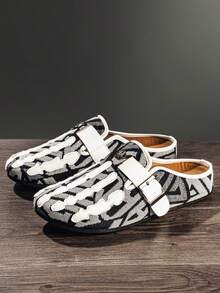 Men's Boho Mule Shoes - Printed Fabric Slip-On Clogs With Metal Buckle, Soft Insole Casual Comfort Sandals For Spring Summer - Black and Gray - View 4
