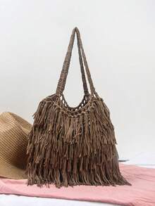 BAILEE Fashion Casual Tassel Edge Solid Color Crochet Shoulder Bag, Handmade, Foldable And Portable, Suitable For Matching Outfits And As A Gift - Multicolor - View 24