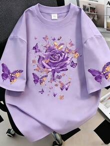 Áo thun cỡ lớn họa tiết bướm và hoa hồng, tay ngắn, cổ tròn, kiểu dáng thường ngày, thích hợp cho mùa xuân/hè dành cho nữ. - Màu tím hoa cà - Xem 3