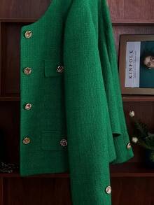 Women's Fashionable Green Tweed Knit Jacket, Round Neck, Decorated With Buttons - Green - View 4