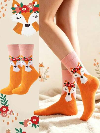 1 đôi tất nữ họa tiết cáo hoạt hình dễ thương và hoa, tất dài đến bắp chân thoải mái và đa năng, phù hợp cho mùa xuân và mùa thu.
