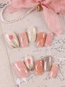 Kit com 10 unhas postiças, unhas postiças artesanais, unhas falsas com florzinhas rosa e brancas, para uso diário no escritório. Inclui 1 cartela de adesivos e 1 mini lixa. - Multicolorido - Ver 1