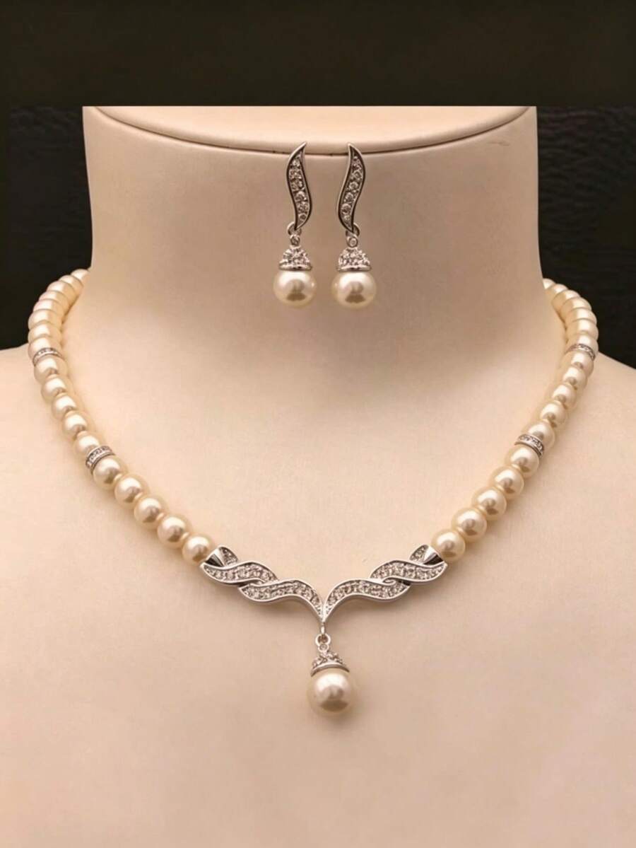 Bộ 3 món dây chuyền và bông tai đính ngọc trai và đá quý thủ công, thanh lịch để đeo hàng ngày, trang sức cưới, quà tặng lễ Eid Al-Adha, quà tặng Ngày của Mẹ. - Bạc - Xem 1