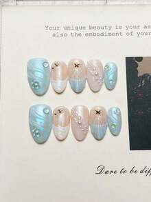 10pcs Handmade Nails Almond Nails Press On Nails Medium, Western Nails Pink Nails, Blue French Tip Nails, Handpainted Mermaid Aurora Powder, Nail Gems Small Pearl Inlaid, European & American Style Elegant Luxury Spring Press On Nails, Y2K Baddie Goth Junk Aesthetic, Summer Nails DIY False Nail Art Party Daily & Dating Use Beach Tropical Getaway Suitable Reusable, For Women & Girls As Gift Nail Supplies - 彩色 - 查看 3