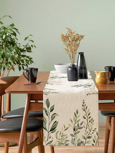 1 Stück eleganter salbeigrüner Eukalyptusblatt Tischläufer, botanischer weißer Tischdeckenüberwurf für anspruchsvolle Esszimmer Dekoration, ideal für Feierlichkeiten und Landhausküchen Ambiente