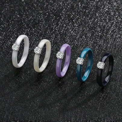 3毫米彩色陶瓷订婚戒指，粉色、绿色、白色、黑色可选，纤细简约，可叠戴，镶嵌闪亮立方氧化锆，美观大方，送给她的礼物，尺码5-12