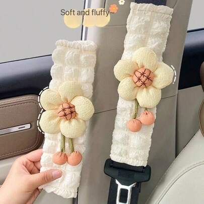 2个可爱汽车安全带套，柔软毛绒云朵肩垫，成人适用，蓬松冬季安全带垫，卡通安全带垫，粉色毛绒小羊、蝴蝶结星星、蝴蝶结小狗、蝴蝶结云朵、蝴蝶结粉色云朵