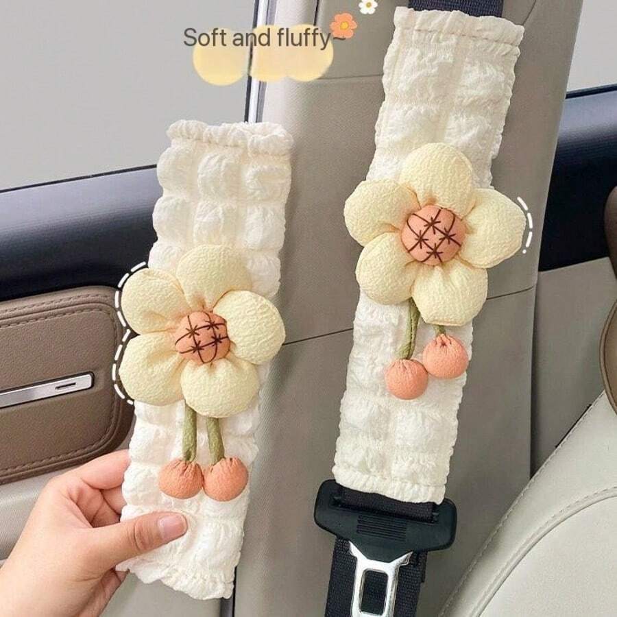2个可爱汽车安全带套，柔软毛绒云朵肩垫，成人适用，蓬松冬季安全带垫，卡通安全带垫，粉色毛绒小羊、蝴蝶结星星、蝴蝶结小狗、蝴蝶结云朵、蝴蝶结粉色云朵
