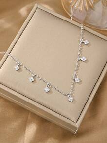 Collar de plata, collar de oro con circonita cúbica incrustada de cobre, de moda, elegante, minimalista, de lujo, adecuado para el uso diario de las mujeres - Plateado - Ver 2