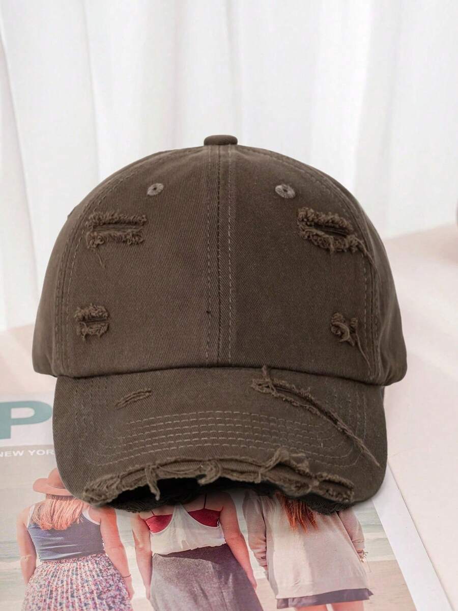 1pc Unisex Y2K Style Distressed Washed Baseball Cap, Outdoor Sun Protection Hat Suitable For Sports, Daily Commute - Coffee - View 1