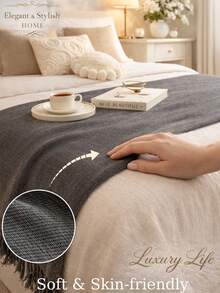 1pc Solid Color Chenille Tassel Bed Runner, Stain-Resistant, Scratch-Resistant Home Decor, Suitable For All Seasons, Machine Washable, Hand Washable, For Living Room And Bedroom - Dark Grey - View 2