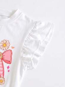 1 Stück Mädchen süßes und frisches T-Shirt mit Schmetterlingsärmeln, Top mit Fruchtdruck - Weiss - Übersicht 3