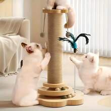 1 Đồ chơi tương tác cho mèo gồm bảng cào móng bằng sợi sisal, đường ray bóng và đồ chơi lông vũ treo - Chất liệu sợi đay, tháp cào móng tự giải trí đa chức năng cho mèo kèm đồ chơi treo, không cần pin. - Màu vàng - Xem 4