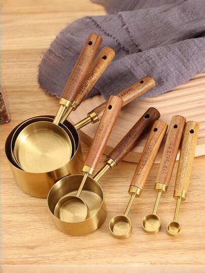 Bộ 4/1 cốc đong bằng thép không gỉ, cốc/muỗng đong bằng thép không gỉ có vạch chia và tay cầm bằng gỗ hồng mộc, phụ kiện nhà bếp/đồ dùng nhà bếp lý tưởng