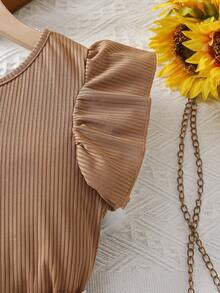 女童夏季时尚罗纹上衣和印花短裤两件套，适合户外和日常穿着 - 摩卡棕 - 查看 4