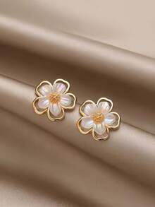 2 piezas Pendientes de diseño de doble capa con flores pequeñas y dulces, joyería de uso diario para mujeres - Amarillo Oro - Ver 4