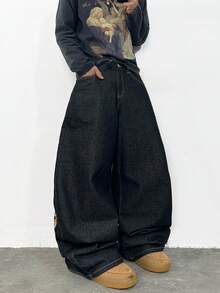 1 chiếc quần jeans Justice Brother Hàn Quốc thêu 3D màu đen, ống rộng thoải mái, phong cách đường phố năng động (Không bao gồm thắt lưng và phụ kiện) - màu đen - Xem 7
