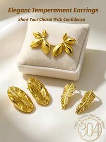 6 Pcs/1 Set Ladies' Gold Declaration Earrings, A Set Of Thick And Unique Gold Jewelry, Including Asymmetrical Elliptical Stripe Texture, Leaf Earrings And Flower Earrings, Summer Fashionable And Simple Jewelry - 18K Gold-Coated Non-Staining Stainless Steel Earrings (Without Nickel, Lightweight And Low Allergenicity) - Gold Suit - View 2