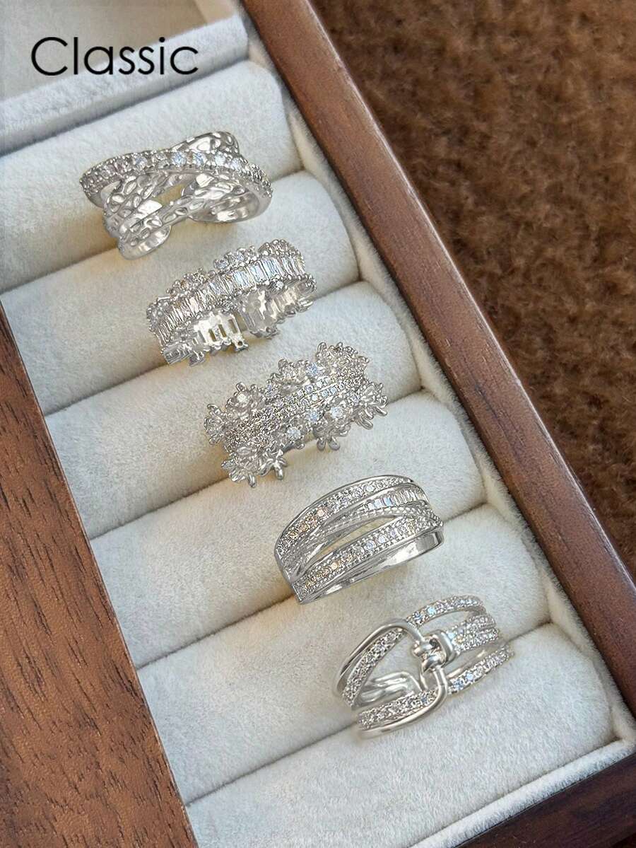 5pcs Fashion Cubic Zirconia Open Copper Ring Set Suitable For Women Wedding Party Wear Holiday Gift (Gift Box Not Included)