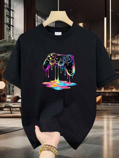 Camiseta de Juego para Hombre con Estampado de Controlador de Juego con Efecto Neón, Impresión de Alta Calidad, Duradera, Casual y a la Moda