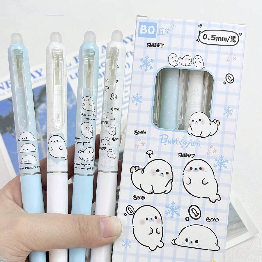 4pcs/Box Cute Seal Pattern Black 0.5mm Erasable Neutral Pen, Suitable For Office & Study - A - View 1