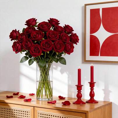 人造花 仿真玫瑰，丝质仿真酒红色玫瑰带茎 逼真花束 适用于婚礼中心装饰 情人节装饰 家居装饰 派对工艺品 DIY