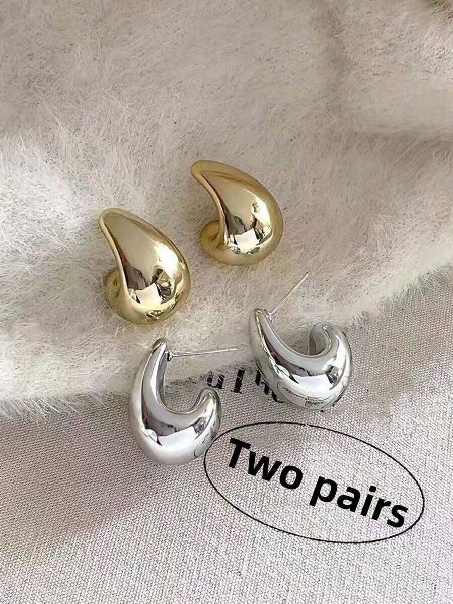 4pcs/Set Gold And Silver Asymmetrical Waterdrop Earrings, European And American Style, Simple And Geometric, Acrylic For Daily Casual Wear - 彩色 - 查看 1